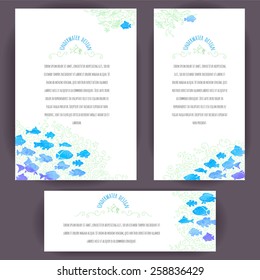 Set of vertical and horizontal banners decorated with hand-painted blue watercolor small exotic fishes. Vector design for cards, invitation and other. 