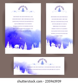Set of vertical and horizontal banners. Hand-painted blue watercolor winter night sky with white silhouettes of countryside landscape: trees and houses. Vector design for cards, invitation and other. 