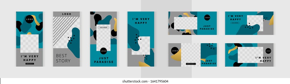 Set of vertical and horizontal banners templates for design of social networks, instagram story and print with windows for images. Elegant modern soaring golden clouds style on aquamarine background.