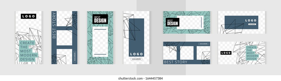 Set of vertical and horizontal banners templates for design of social networks, instagram story and print with windows for images. Linear mess. Chaotic abstract lines on blue and green background.
