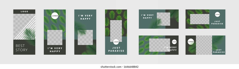 Set of vertical and horizontal banners templates for design of social networks, story and print with windows for images. Green tropic fan leaf on dark green and black background. Beautiful palm.
