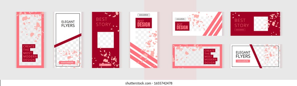 Set of vertical and horizontal banners templates for design of social networks, story and print with windows for images. Red style. Pink stripes and spots of paint on white background. 