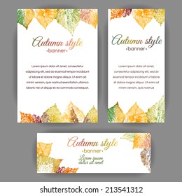 Set of vertical and horizontal banners. Watercolor colorful leaves. Vector cards design.