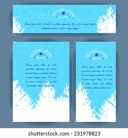 Set of vertical and horizontal banners. White silhouettes of fir trees and pines on blue background. Vector design for cards, invitation and other . 