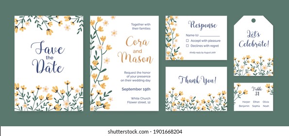 Set of vertical and horizontal card templates and labels with floral border and place for text. Design of wedding invitation decorated with elegant wild yellow flowers. Flat vector illustration