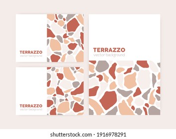 Set of vertical and horizontal cards with terrazzo pattern and place for text on white background. Templates with geometric abstract design, graphic organic shapes. Colored flat vector illustration