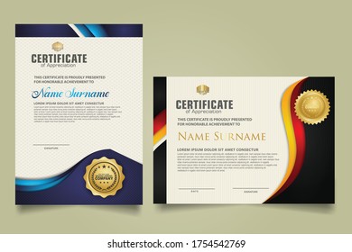 set vertical and horizontal certificate template with flow lines ornament and modern texture pattern background. Diploma. Vector illustration for other users