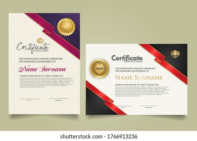 Set vertical and horizontal certificate template with ribbon stripes ornament and modern texture pattern background. Diploma. Vector illustration for other users