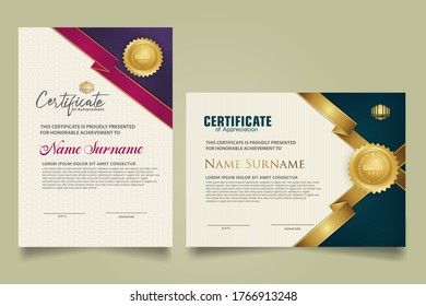 Set vertical and horizontal certificate template with ribbon stripes ornament and modern texture pattern background. Diploma. Vector illustration for other users
