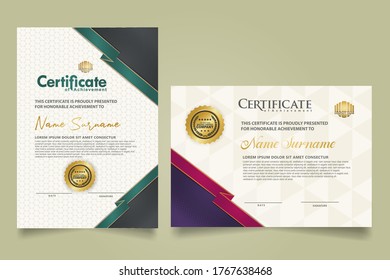 Set vertical and horizontal certificate template with ribbon stripes ornament and modern texture pattern background. Diploma. Vector illustration for other users