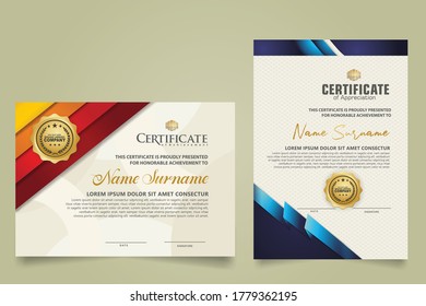 Set vertical and horizontal certificate template with ribbon stripes ornament and modern texture pattern background. Diploma. Vector illustration for other users