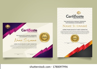 Set vertical and horizontal certificate template with ribbon stripes ornament and modern texture pattern background. Diploma. Vector illustration for other users