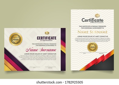 Set vertical and horizontal certificate template with ribbon stripes ornament and modern texture pattern background. Diploma. Vector illustration for other users