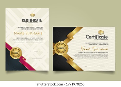 Set vertical and horizontal certificate template with ribbon stripes ornament and modern texture pattern background. Diploma. Vector illustration for other users