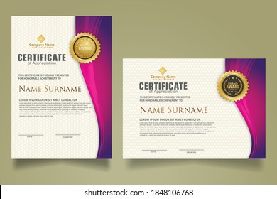 set vertical and horizontal certificate template with flow lines ornament and modern texture pattern background. Diploma. Vector illustration