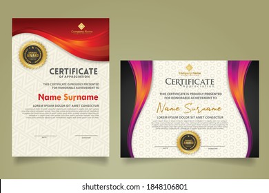 set vertical and horizontal certificate template with flow lines ornament and modern texture pattern background. Diploma. Vector illustration