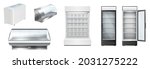 Set of vertical and horizontal fridges showcases with glass doors for display in grocery store, supermarket or cafe. Modern shop refrigerators collection. Realistic vector illustration
