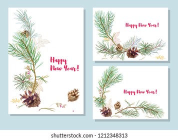 Set of vertical, horizontal template cards for New Year. Framework with pine branches, cones, needles, white background, hand draw, watercolor style, botanical illustration. Christmas tree, vector, A4