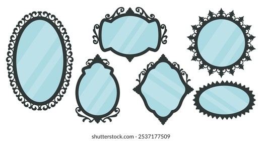 Conjunto de Vertical y espejos vintage Horizontales aislados sobre fondo blanco. Icono de espejos. Vidrio de aspecto retro con marcos antiguos elegantes. Muebles caseros clásicos de lujo en estilo antiguo. Vector 