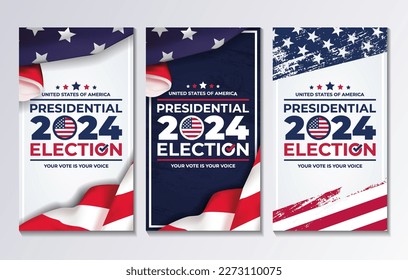 conjunto de ilustración vertical vector gráfico de la bandera de los estados unidos, elección y año 2024 perfecto para el día de las elecciones presidenciales en los estados unidos, bandera de los estados unidos