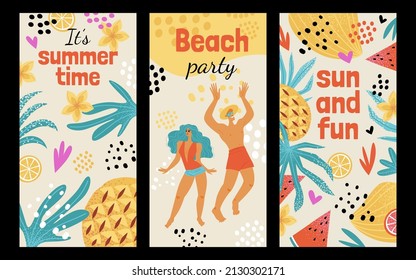 Set of vertical illustrations of a beach party with dancing young people and tropical plants. Retro image.