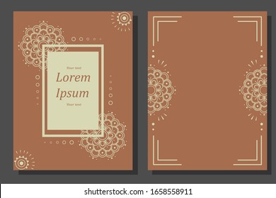 Un conjunto de ilustraciones verticales con un lugar para texto o publicidad.Elementos mandalas blancos sobre fondo marrón. 