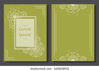 A set of vertical illustrations with a place for text or advertising.White mandalas elements on green background. Arabic ornament