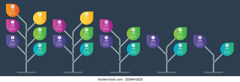 Set of Vertical infograph or timelines with 2, 3, 4, 5 and 6 parts. Trees with leaves. Development and growth of the modern technology. Business presentation with 5 steps or processes. Info graphic.
