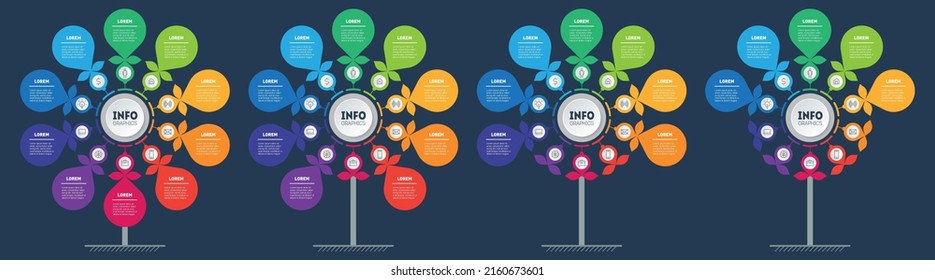 Set of Vertical infographics in the form of flowers with 5, 7, 9 and 10 parts. Business presentation with 4 processes. Development and growth of the nature-like technology in the world. Info graphics.