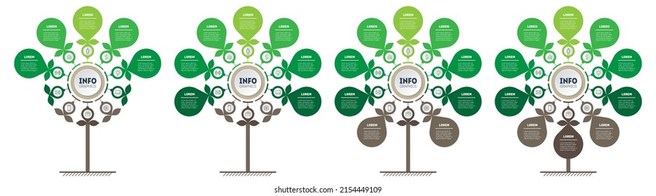 Set of Vertical infographics in the form of trees with 5, 7, 9 and 10 parts. Development and growth of the green or nature-like technology in the world. Business presentation with four processes.