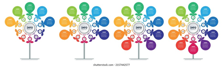 Set of Vertical infographics in the form of trees with 5, 7, 9 and 10 parts. Business presentation with four processes. Development and growth of the nature-like technology in the world. Infographics.