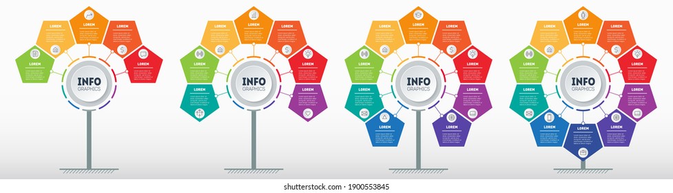 Conjunto de infografías verticales o líneas de tiempo con 5, 7, 9 y 10 partes. Desarrollo y crecimiento de la tecnología en el mundo. Presentación empresarial con cuatro pasos o procesos. Gráfico de información del vector.