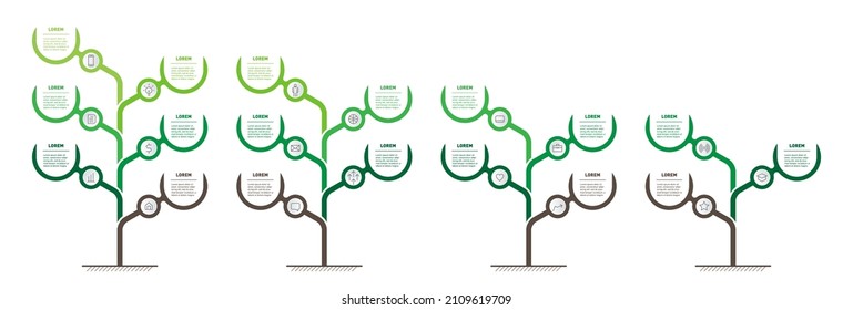 Conjunto de infografías verticales o líneas de tiempo. Desarrollo y crecimiento de la empresa. Cronología de las tendencias sociales. Concepto de presentación empresarial con 3, 4, 5 ó 6 opciones, pasos, procesos o partes.