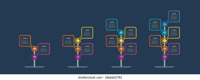 Set of Vertical infographics or timelines with 2, 3, 4 and 5 parts. Tree of Development and growth of the business in the world. Business presentation with steps or processes. Info graphic.