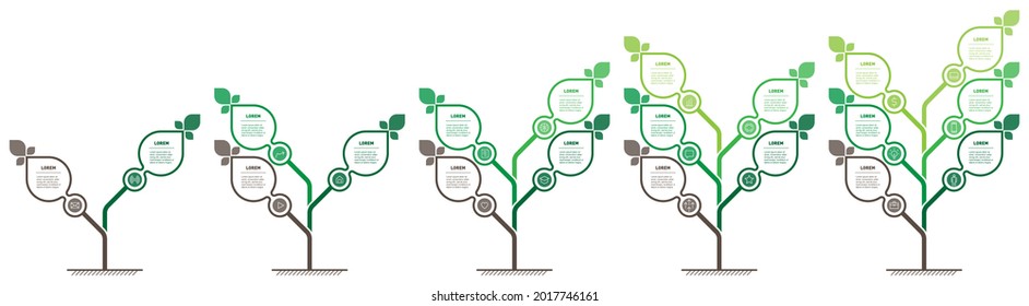 Conjunto de infografías verticales o líneas de tiempo con 2, 3, 4, 5 y 6 partes. Presentación empresarial con cinco pasos o procesos. Gráfico informativo. Desarrollo y crecimiento de la tecnología verde en el mundo.