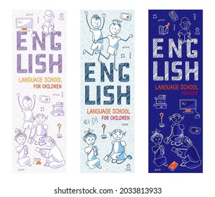 Conjunto de banners verticales de Internet para la Escuela de Idiomas Infantil, curso. Enseñar, aprender inglés. Prospecto con iconos de contorno, símbolos, signos en el fondo blanco y oscuro. Arte de línea para marcador, vector