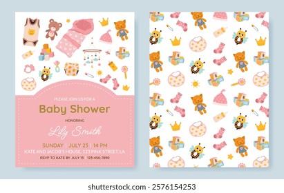 Set of vertical invitation cards for a baby shower, birthday, or gender reveal party. It's a Girl. Isolated postcard templates with baby essentials, text and pattern. Vector illustration.