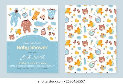 Set of vertical invitation cards for a baby shower, birthday, or gender reveal party. It's a Boy. Isolated postcard templates with baby essentials, text and pattern. Vector illustration.