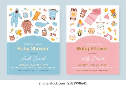 Set of vertical invitation cards for a baby shower, birthday, or gender reveal party. It's a Boy. It's a Girl. Isolated cute postcard templates with baby essentials and text. Vector illustration.