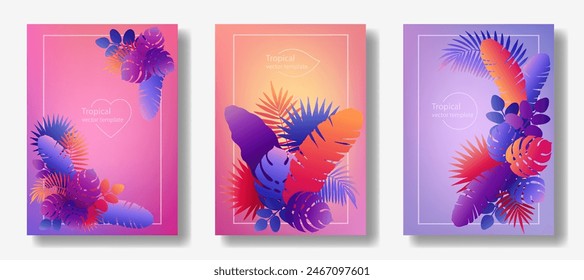 Set of vertical invitation or flyer with colorful tropical leaves. Palm and monstera foliage of blue, purple and orange colors on pink and lilac background. Vector template for poster, cover, banner.