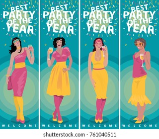 Set of vertical invitation templates with attractive young girls in bright dresses, welcome and raise their glasses and toasting. Simplistic realistic cartoon art style. Vector illustration