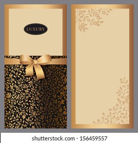 Set of vertical invitations to the background of silhouettes of small flowers. Black and gold with brown bow. Vector illustration.