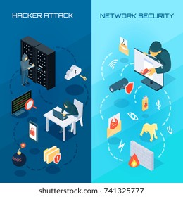 Set of vertical isometric banners with hacker attack and network security on blue background isolated vector illustration  