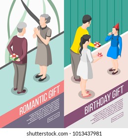 Set of vertical isometric banners people with gifts during romantic meeting and birthday congratulation isolated vector illustration