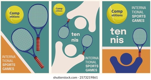 Set vertical lawn Tennis placard cover template design. International sport competition poster cover collection. Abstract Tennis player on court with Tennis ball racket. Vector for flyer. EPS 10