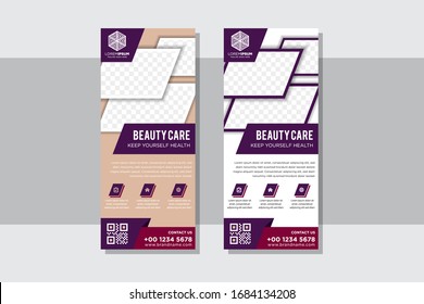 Juego de banners verticales para el cuidado de belleza. fondo blanco y marrón suave con espacio rectangular para el collage de fotos. Combinación púrpura y roja en el diseño de elementos. 