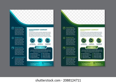 Set vertical layout flyer template design use headline management company. space for photo collage. blue and green on elements with white background.