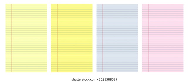 Set of vertical lined legal notepad sheets. Blue, yellow, pink colored striped paper blanks for writing. 