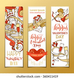 Set of vertical love banners. Cupid, hearts, gift, balloons, ribbon, ring, roses, hand-written lettering. Vector cartoon Valentine's banners. There is place for your text. 