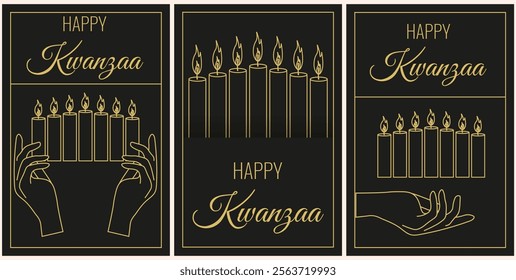 Set vertical Luxury Happy Kwanzaa poster cover template design. African Happy New Year brochure collection. Golden Minimal elegant style holiday theme Set. Vector illustration. Perfect invitation card